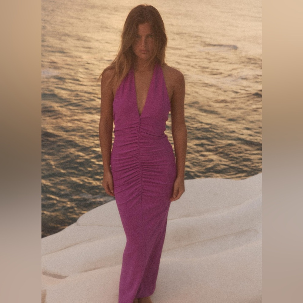 ZARA Ruched Halter Midi Dress | Violet | Size Large | NWT